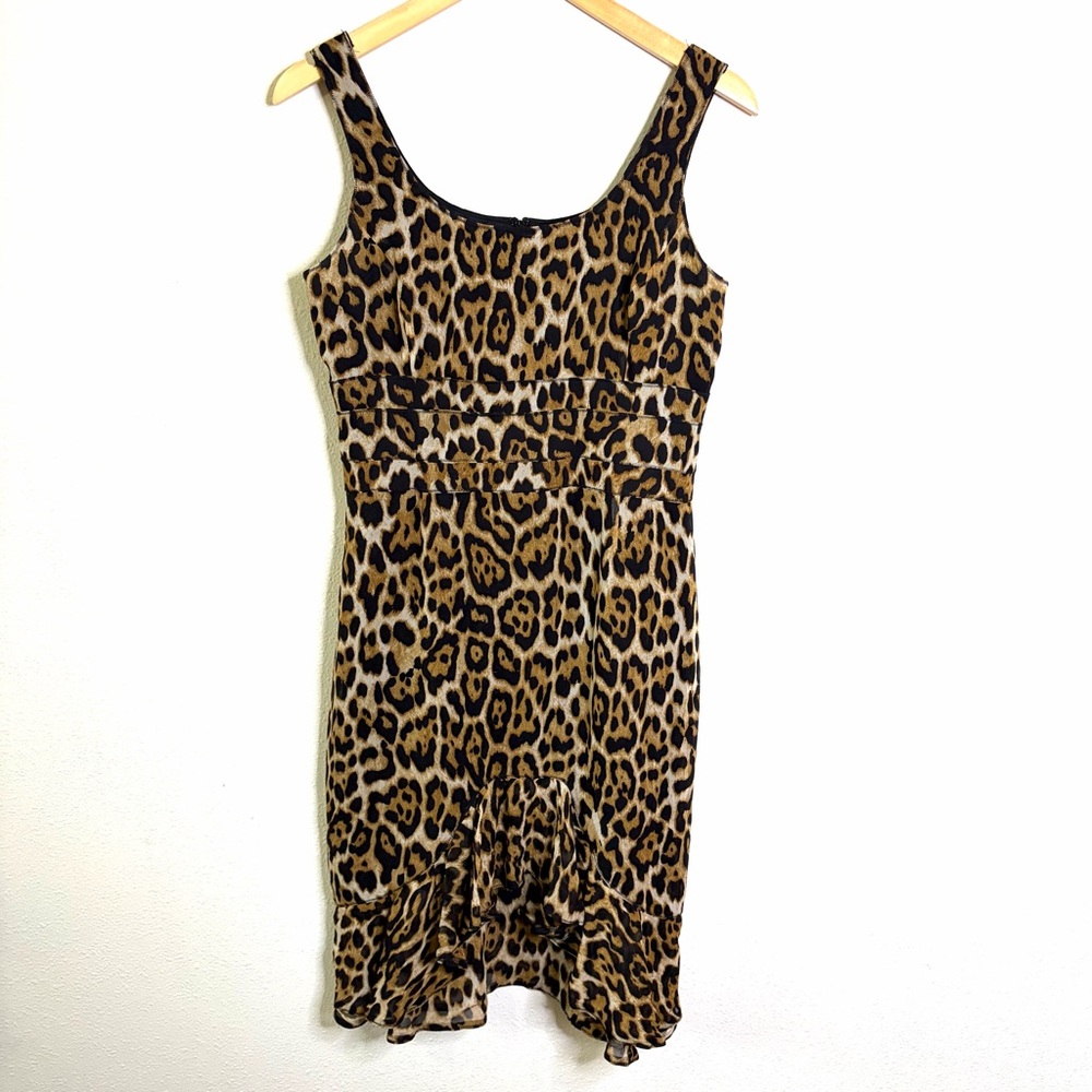 100% silk Eccoci Leopard Print Sleeveless Midi Dress Brown black sz 6 sheath